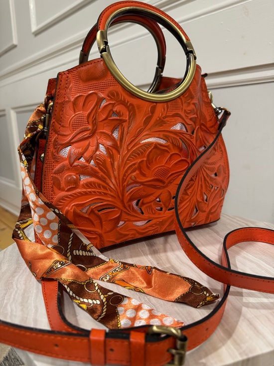 Patricia Nash Handbags - Patricia Nash Bag Aria Double Ring Orange Leather Floral Laser Cut Crossbody